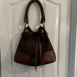 Peruvian Connection Dark Green Suede and Leather Shoulder Bag